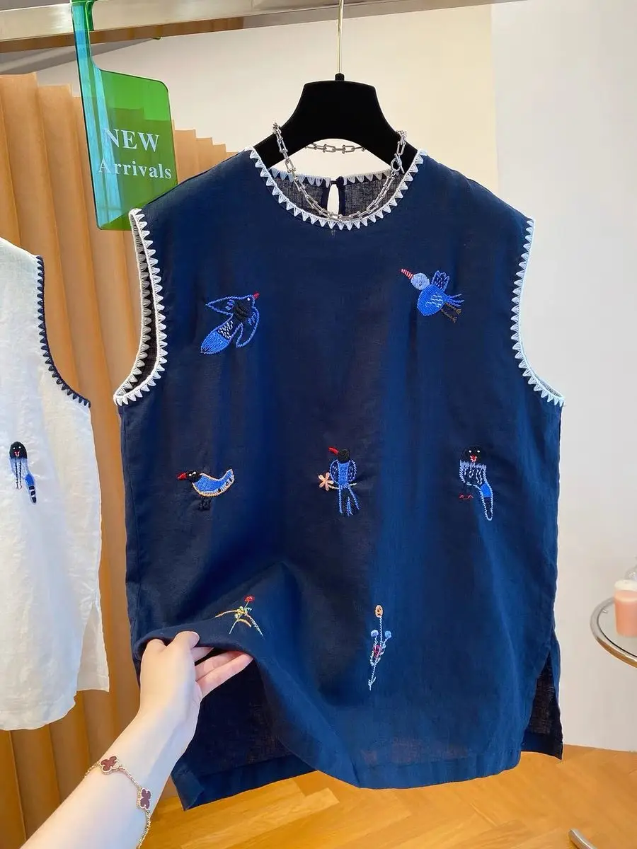 plus Size Women's Summer T-Shirt Embroidered Sleeveless Moon Tooth  Loose Fit Cartoon Print Cotton round Neck Top