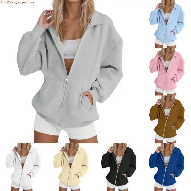 

G92D Women's Sweatshirt Zipper Oversized Hoodie Autumn Winter Fleece Long Sleeve Lapel Shirt with Pockets