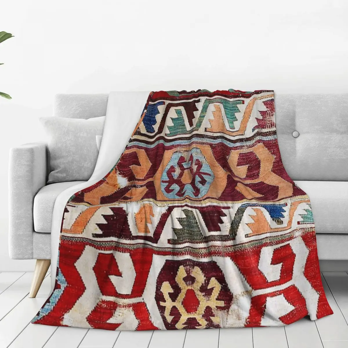 Konya 18th Century Central Anatolian Kilim Print Blankets Flannel Super Soft Sofa Throw Blankets For Couch Travel Bedspread