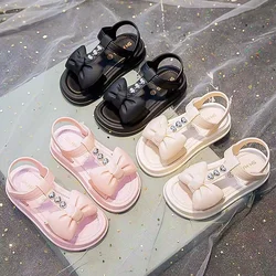 Sandali da ragazza Open Toe traspiranti in tinta unita con decorazioni Bowknot, comode scarpe da spiaggia grosse antiscivolo, calzature da interno per bambini