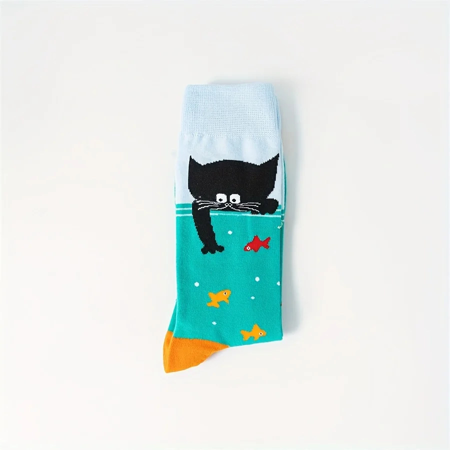 1 pair of new autumn and winter black cat catching fish pattern men\'s couple middle tube socks