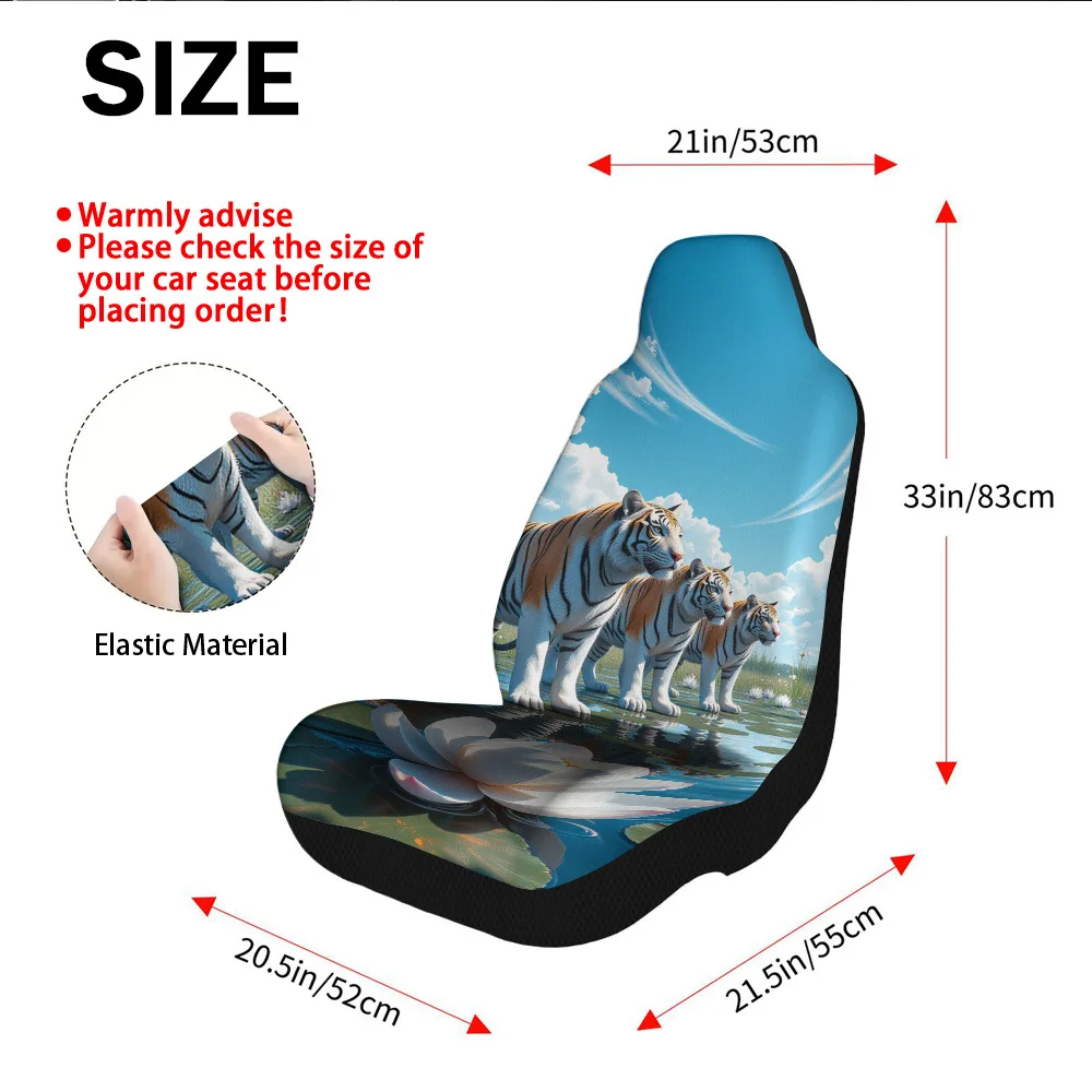 2D Flat Printing, 2pcs, Unique White Tigers Water Lily Pond Pattern Car Seat Covers, Durable And Easy To Install, Suitable For C