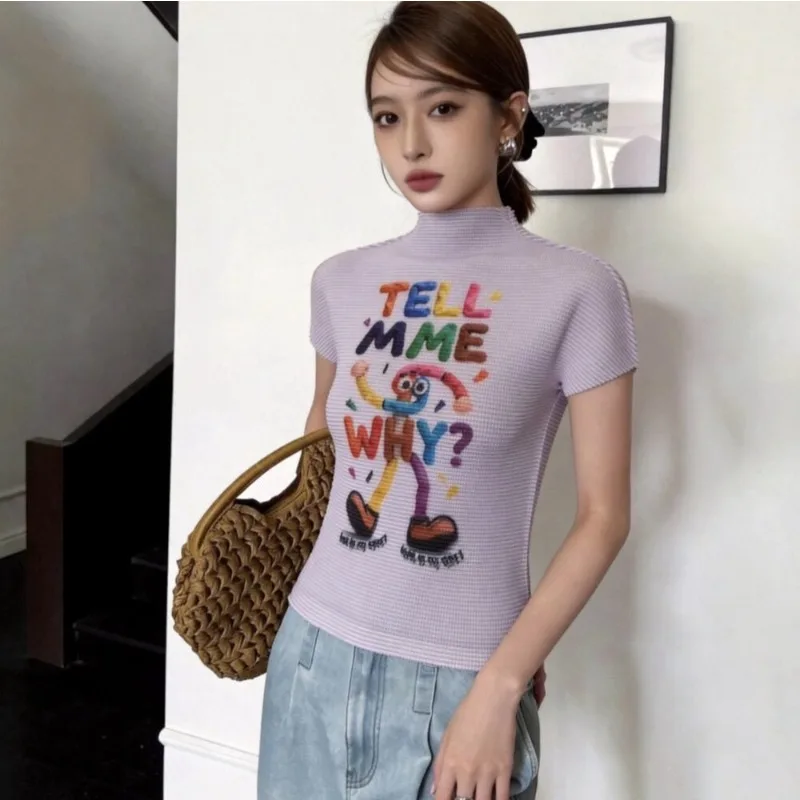 Miyake Pleated Original 2026 New Japanese Style Dopamine Colorful Print T-Shirt Slim Fit Corn Kernel Pleated Top Knitted Shirt