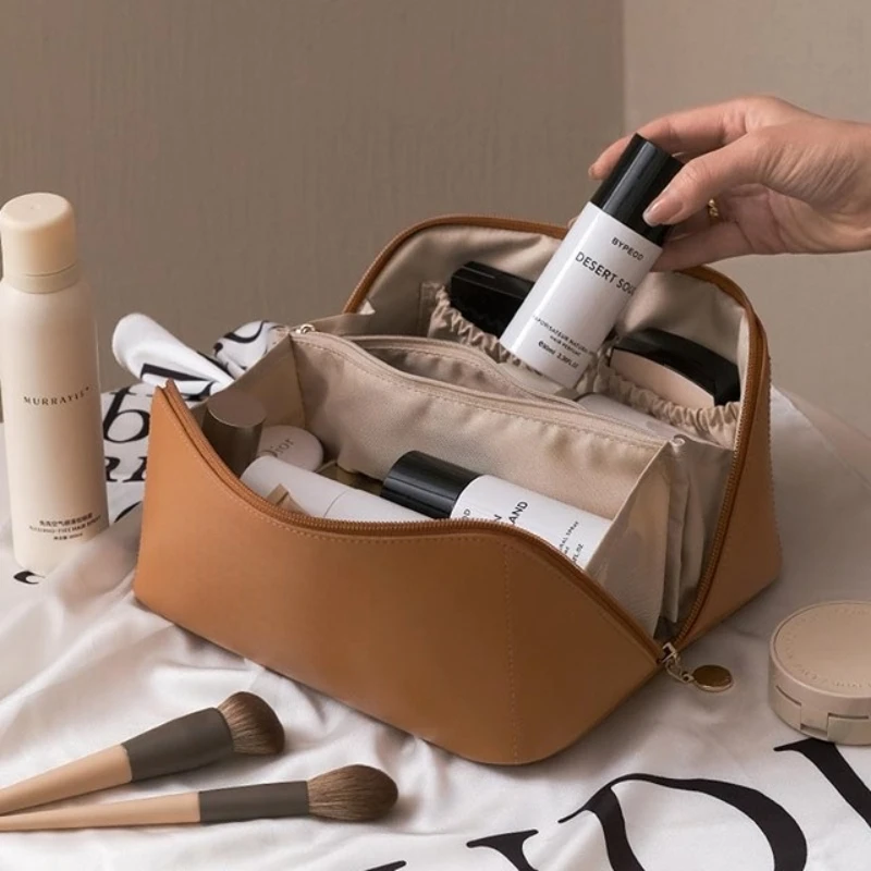 Organizador de maquiagem feminino toiletry sacos de viagem grande saco de cosméticos para mulheres de couro de alta capacidade caso de armazenamento de cosméticos bolsa