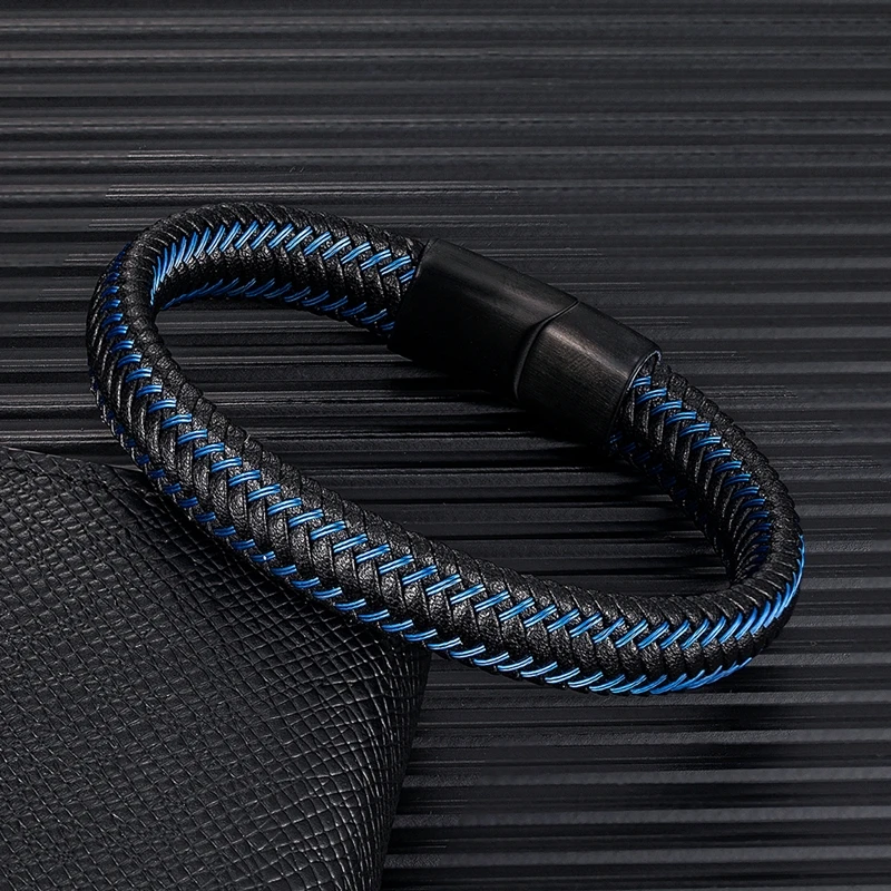 MKENDN Trendy Men Blue Braided Leather Rope Bracelet Black Magnetic Buckle Bracelets Punk Rock Men Wristband Pulsera Hombre