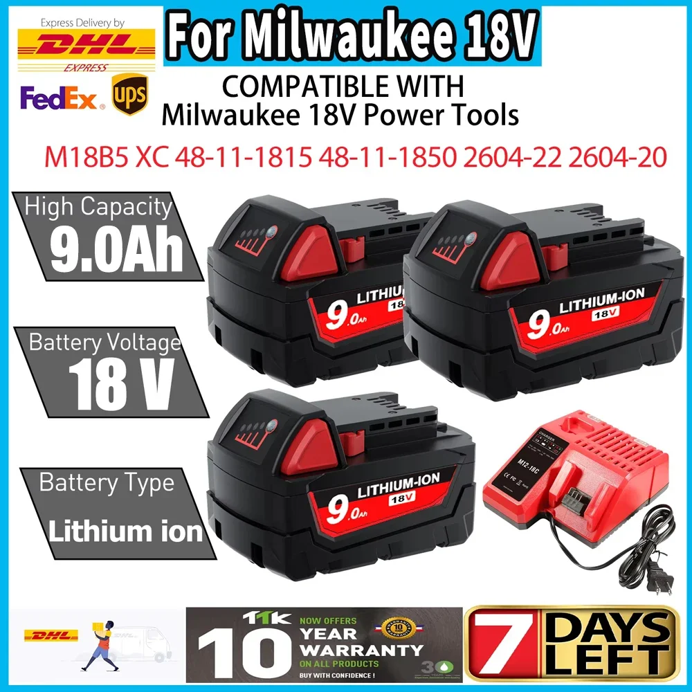 

12000mAH/9000mAH For Milwaukee M18 18V Replacement For Milwaukee M18B5 XC Li-ion battery 48-11-1815 48-11-1850 2604-22 2604-20
