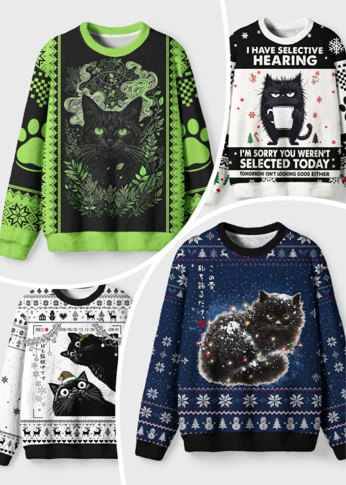 Dark Retro Style Hoodie, Magic/funny/snowy Black Cat Series, Thin Velvet Style Men's and Women's and Children's Home Ugly Shirts
