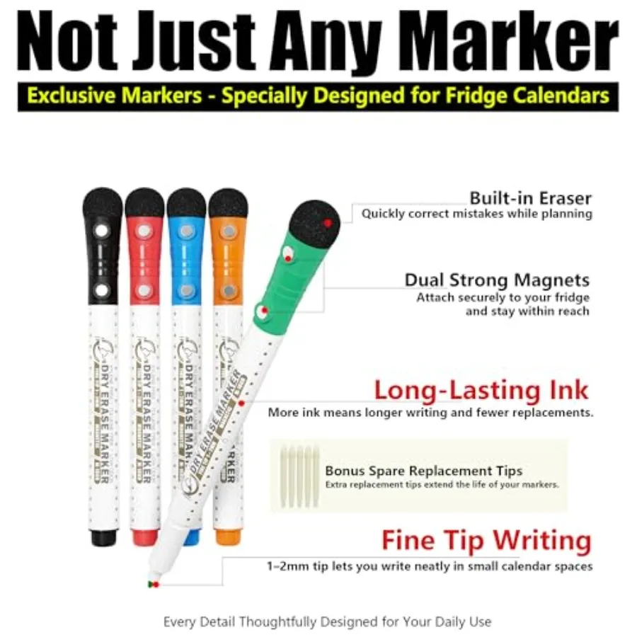 Magnetic Dry Erase Markers Fine Tip 5 Pack Classic Colors Dual Magnet Low Odor Whiteboard Markers with Built-in Eraser Caps for
