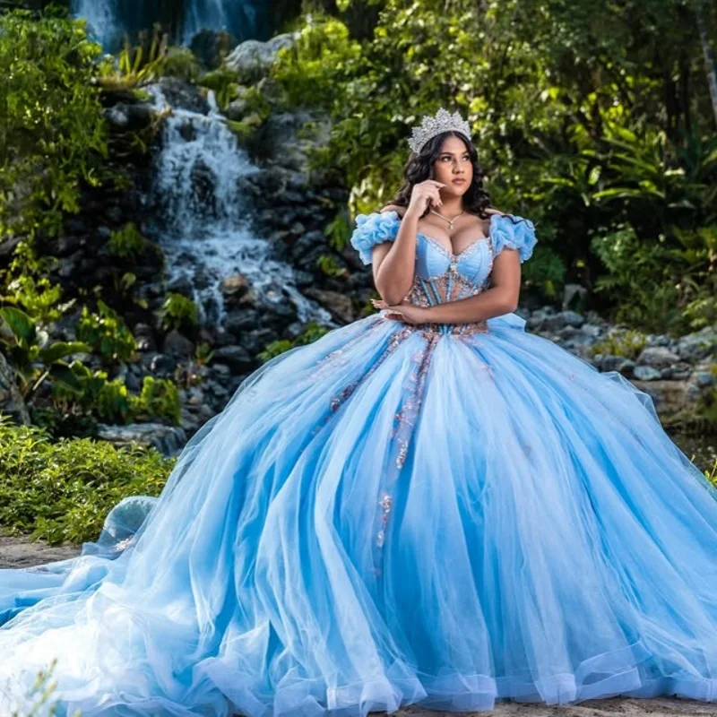 

Customized sky blue Quinceanera Dresses Off the Shoulder applique layering Lace Long tail 3D flower Bow Vestido 15 Quinceanera