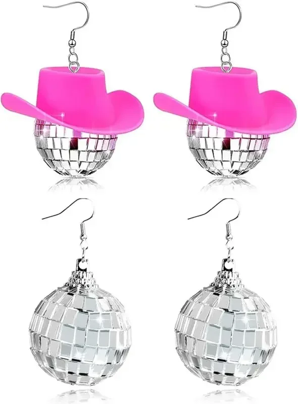 Pink Disco Ball Earrings Silver Mirrorball Earrings 60s 70s Disco Cowgirl Hat Earrings Costume Accessories Gift for Women