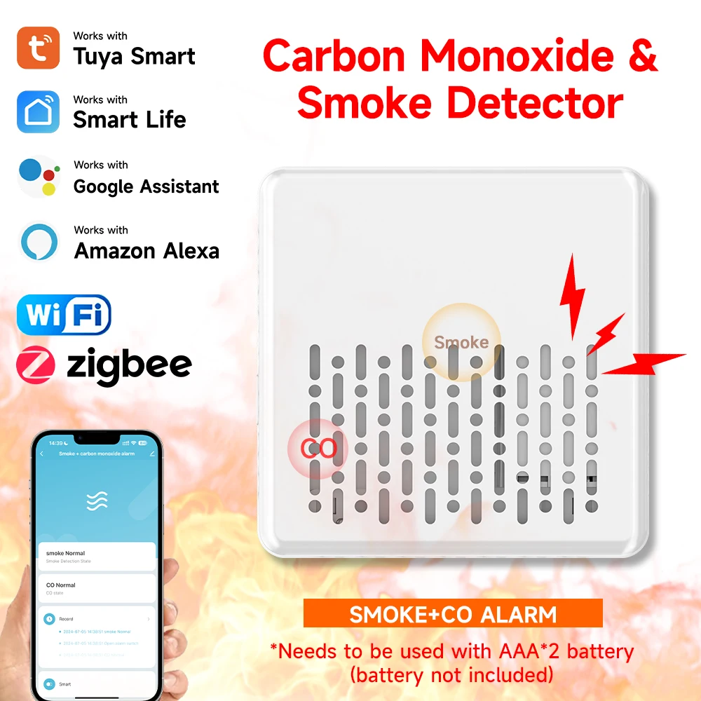 Tuya 2-in-1 Smoke & Carbon Monoxide Detector Smart WiFi Zigbee Fire Alarm with Real-time Push Notification for Home Security
