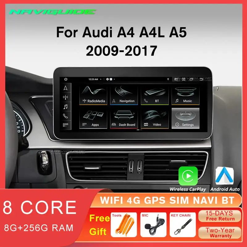 

NAVIGUIDE 10,25 "Android 12.0 1920*720P для Audi A4 A4L A5 LHD 2009-2017 автомобильный радиоприемник стерео Bluetooth Carplay мультимедийный плеер