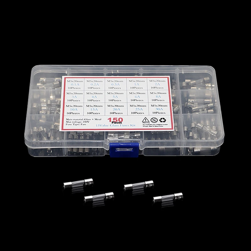150pcs/ 5x20mm Fast-blow Glass Fuse Assorted Kit 0.1A 0.2A 0.5A 1A 2A 3A 4A 5A 6A 8A 10A 15A 20A 25A 30A Fuse Tube Fusible s