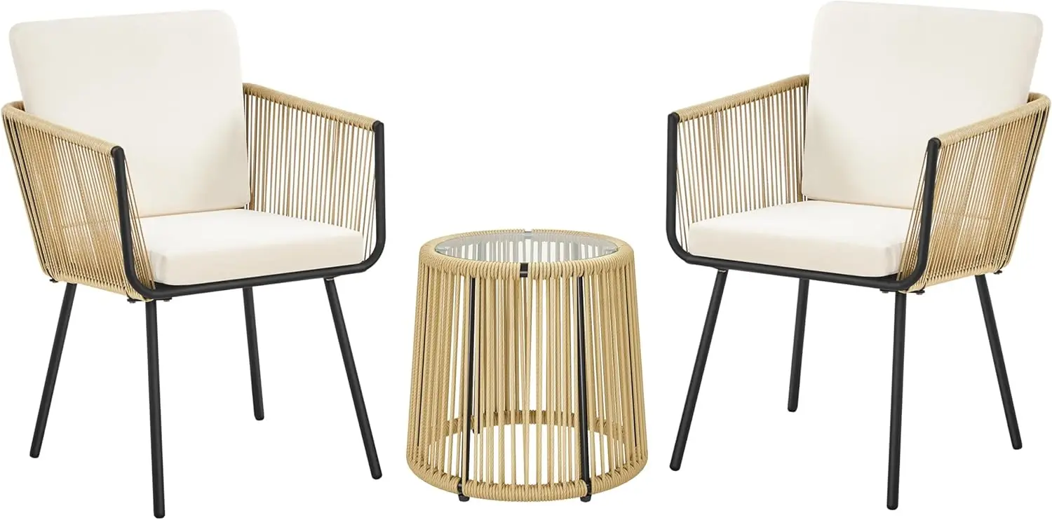 3 Piece Patio Rattan Bistro Set Outdoor All Weather PE Wicker Conversation Furniture Set with 2 Chairs Tempered Glass Top Table