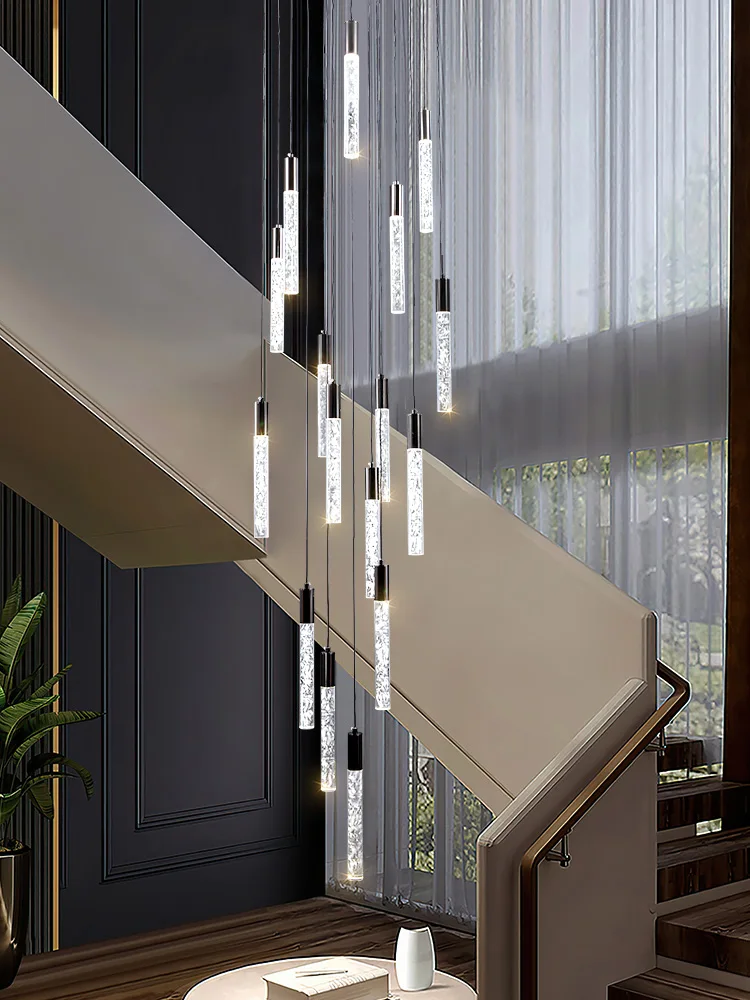 LED Long Crystal Chandelier Modern Villa Stairs Living Room Ceiling Chandelier Luxury Home Decor Pendant Light Dimmable Lighting