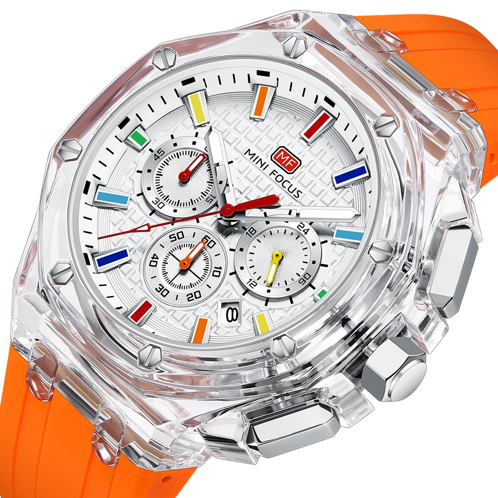 

MINI FOCUS Multifunctional Casual Quartz Watch Mens Watches Waterproof Transparent Case Wrist Watch with Luminous Hands 0616G