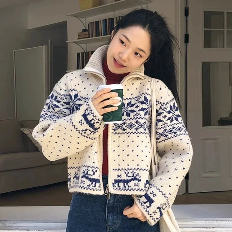 

Design Versatile Casual Outerwear Loose Long Women's Zipper Sweater Retro Contrast Color Tapestry