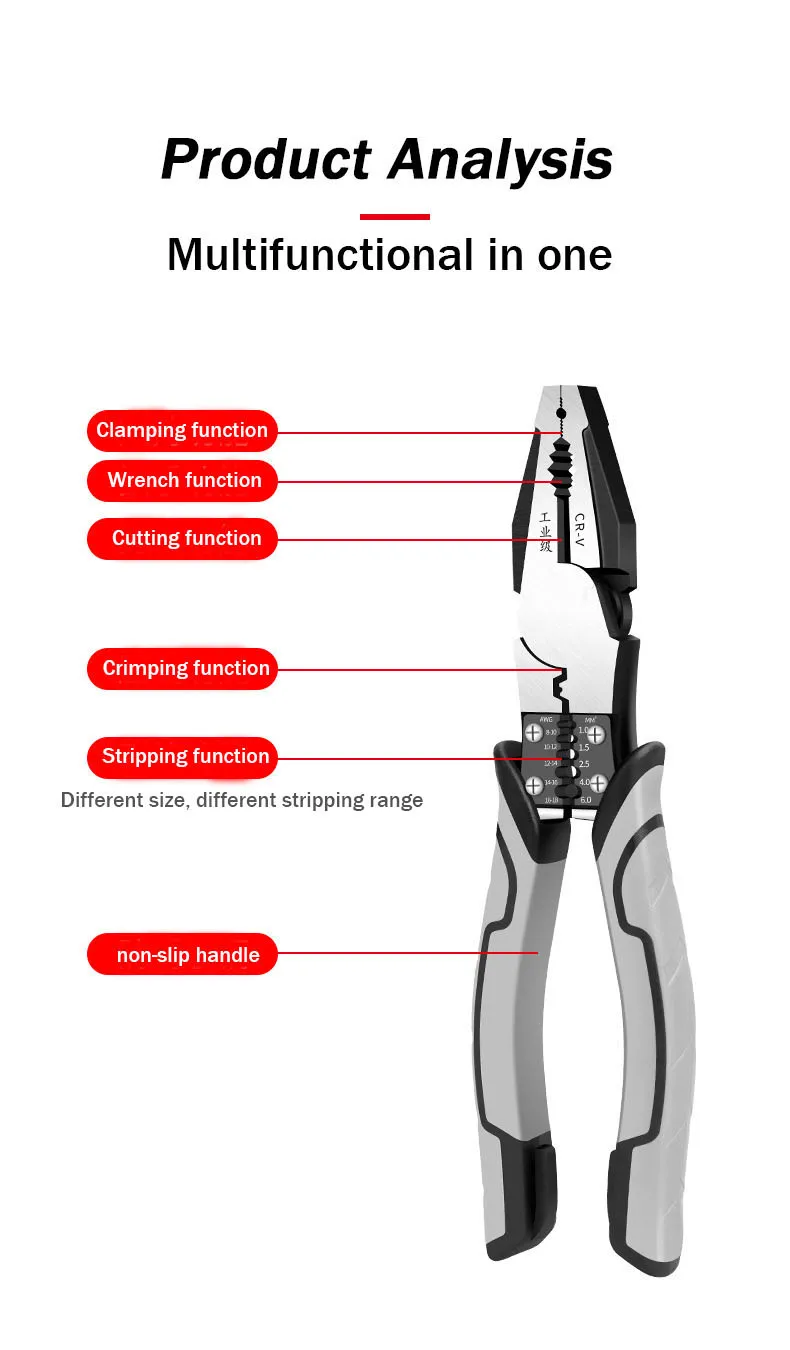 Carbon  Vise Hand Tool Multi Function Wire Cutter Combination Pliers With PVC Handle Wire Stripper