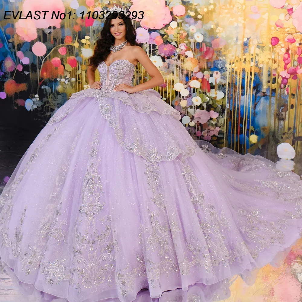 EVLAST Customized Mexican Purple Quinceanera Dress Ball Gown Silver Lace Applique Beading Bow Sweet 16 Vestido De 15 Anos E1Q79