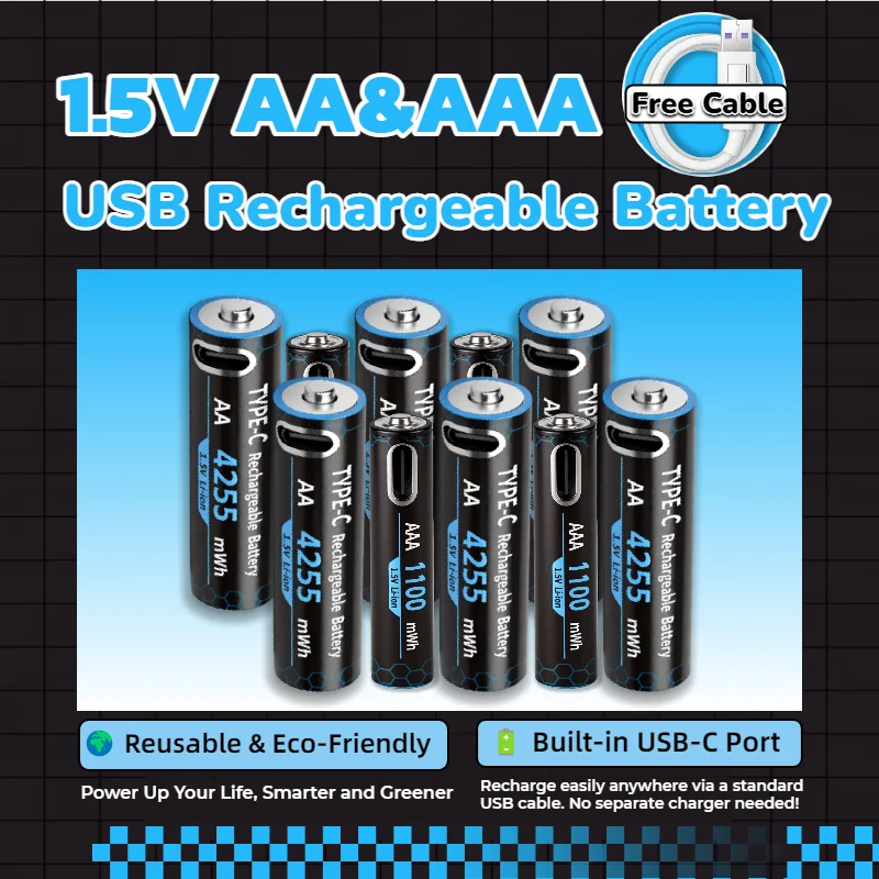

USBC Rechargeable AA AAA Batteries 1.5V Lithium | Constant 1.5V for High Drain Devices | 2837mAh 733mAh with Charging Cable