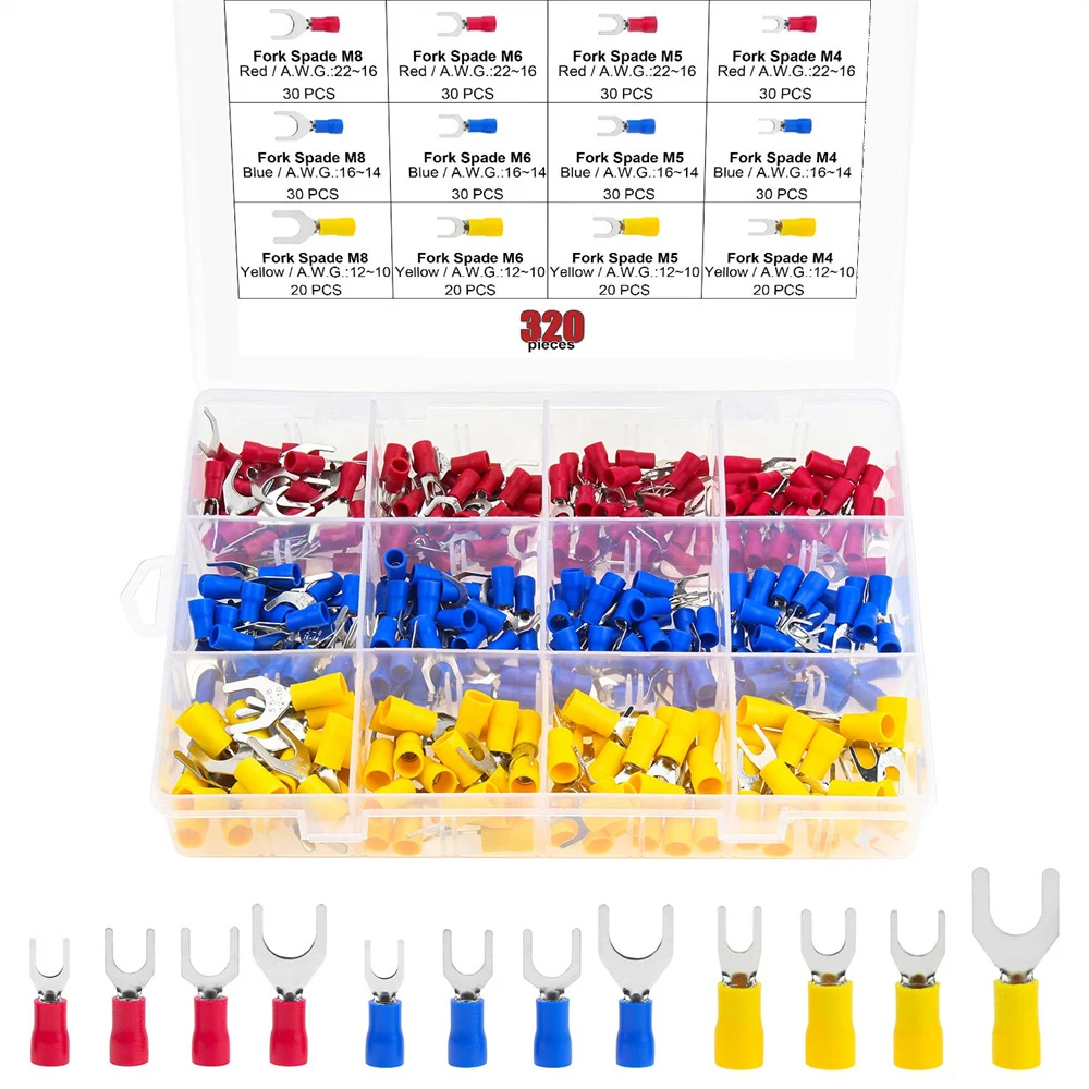 

320PCS 22-16/16-14/12-10 Gauge Fork Spade Quick Splice Crimp Terminals Electrical Connectors Assortment Kit M4/M5/M6/M8