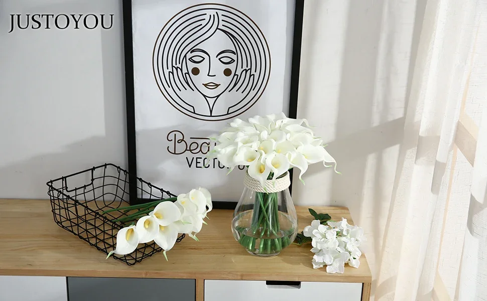 20 Stück künstliche weiße Calla-Lilien, echt anfühlende blaue Blumen für Hochzeitssträuße, künstliche Blumen für Braut und Heimdekoration – Detail 1
