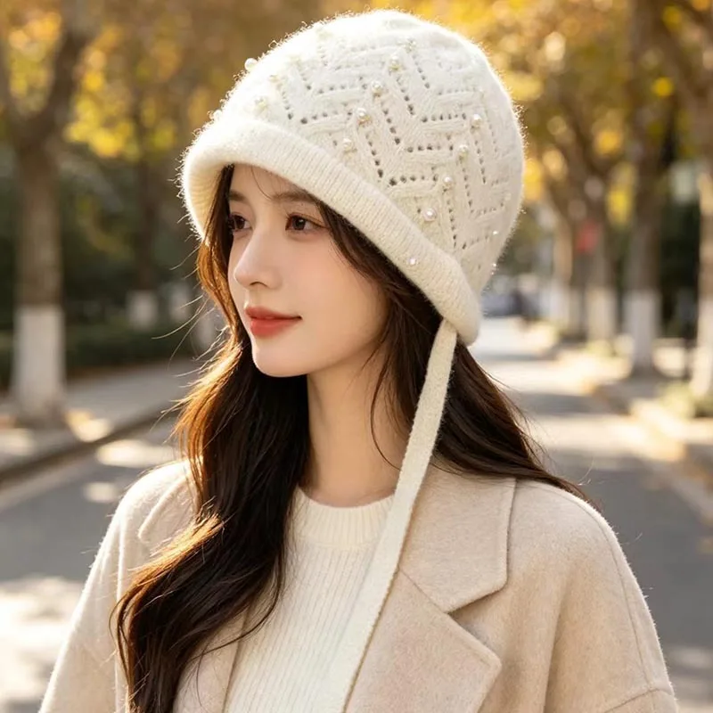Bomber Hat Women Winter Angora Knit Beanie Pearls Warm Accessory For Cold Weather Outdoor Skiing Sports Holiday