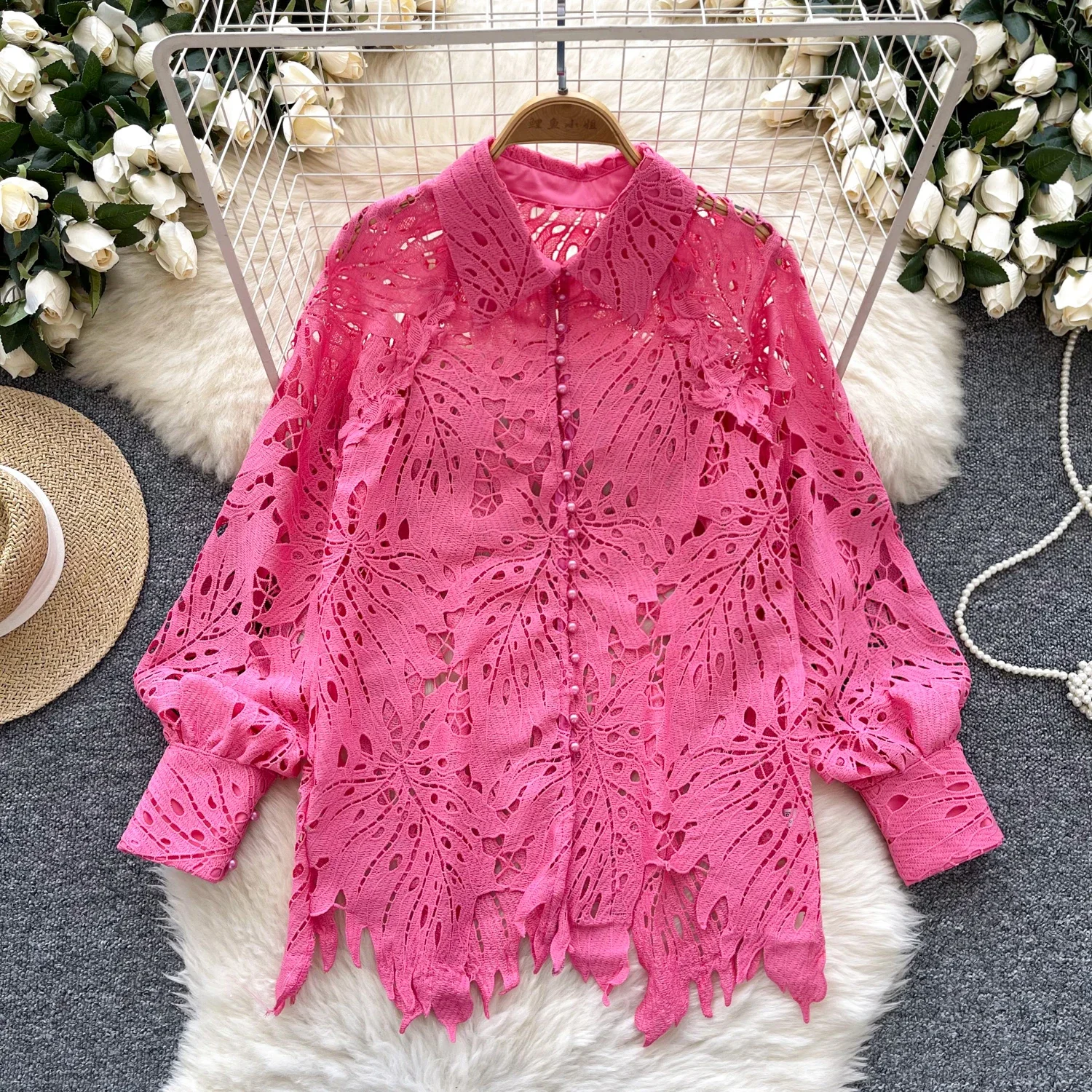 Chic Lace Hollow Out Puff Sleeve Lapel Single Breasted Elegant Fashion Sexy Shirt Spring Autumn Women Blouse