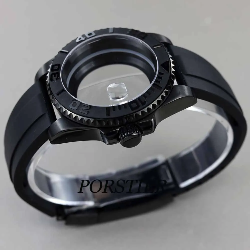 Casing jam tangan PVD hitam 40mm kualitas tinggi tali karet untuk gerakan Seiko NH34 NH35 NH36 tahan air 28.5mm gaya desain Yacht