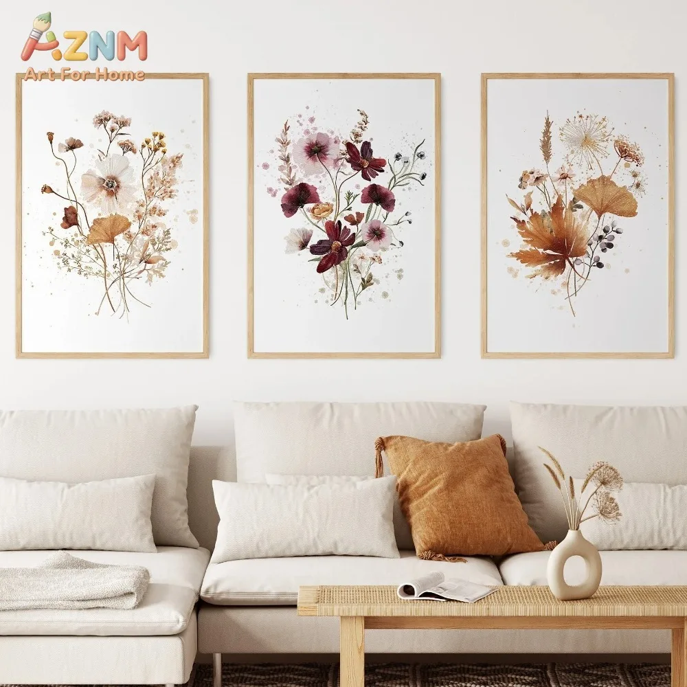 AZNM 3Pcs Burnt Orange Wildflower Canvas Wall Art, Watercolor Dried Floral Ginkgo Leaf Print Frameless Canvas Painting, Neutral