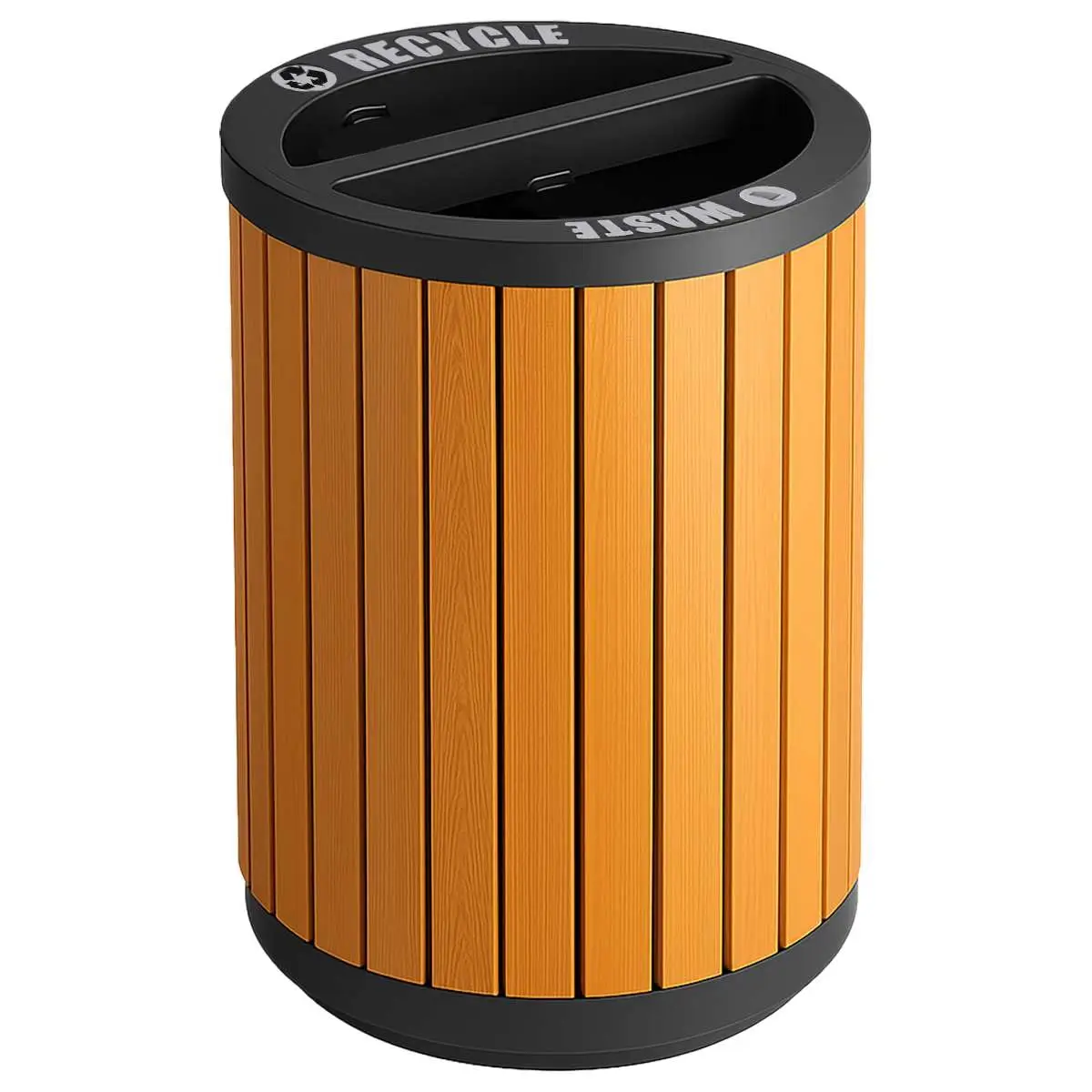 

22 Gallon Round Outdoor Two-Stream Trash Can Recycling Bin - Commercial Dual Stainless Steel / Wood Compartment 11, Custom