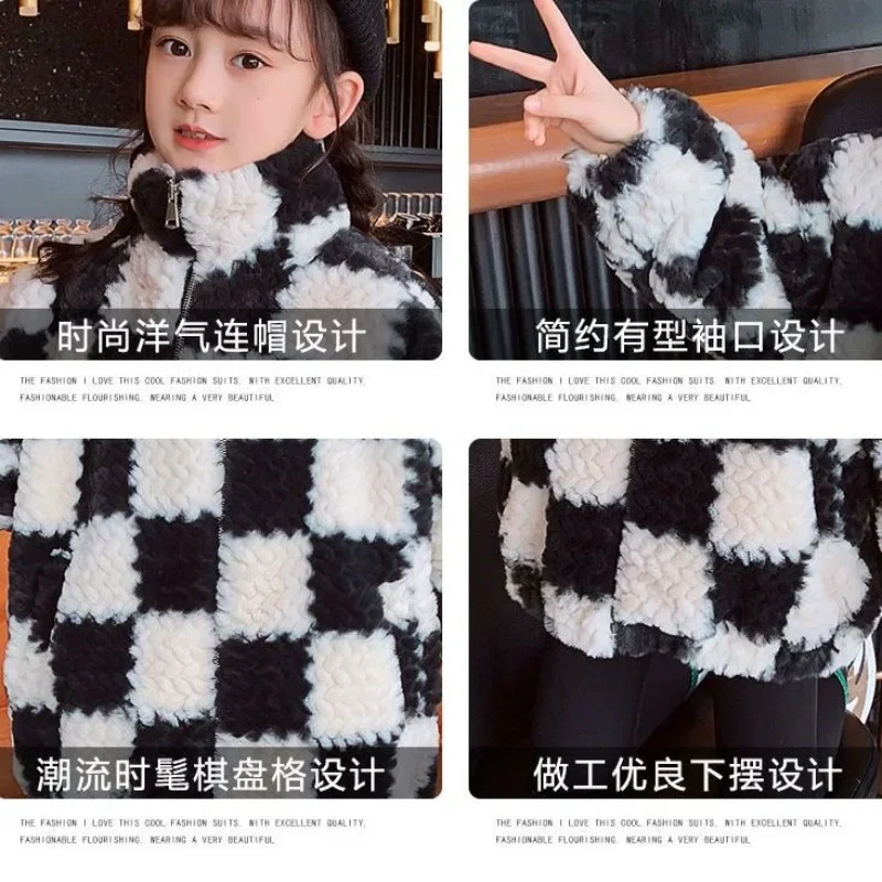 2025 New Girls' Winter Coat Outerwear Warmth Medium Large Kids Puffy Fleece Lined Knit Sweater with Plaid Pattern Autumn Winter