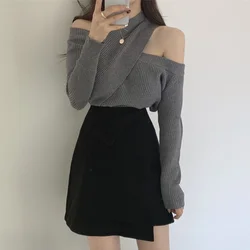New 2026 Fashion Sexy Hollow Out Off Shoulder Cross Knitted Pullover For Women Korean Casual Solid Wild Warm Ladies Sweater Tops