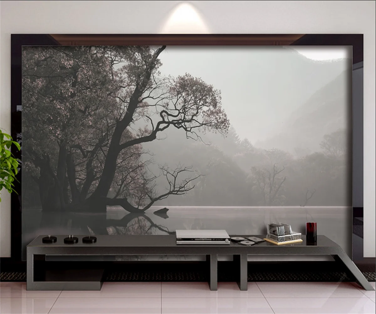 

Custom wallpaper mural Black and white tree lake water scenery landscape painting 3d papel de parede TV background wall paper