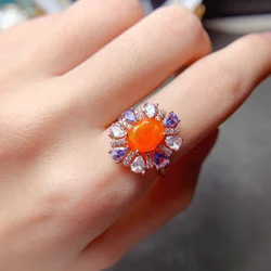 Luxurious Mexico Rare Orange Fire Opal Women Ring with Silver Plated 925 Sterling Engagment Promise Ring for Gift