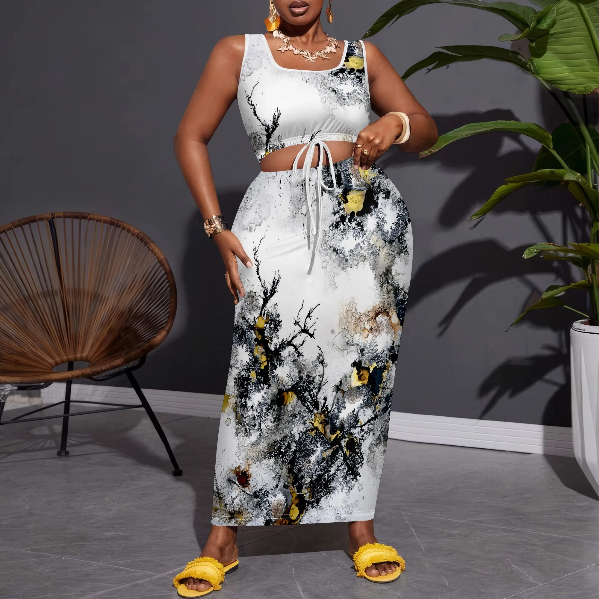 

SheFirstStyle White Abstract Floral Print 2 Piece Set with Drawstring Crop Top