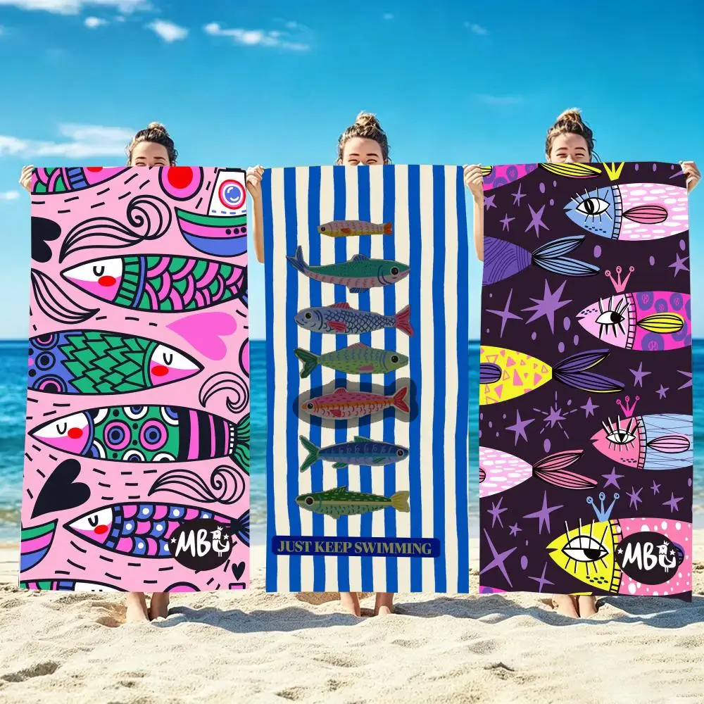Pattern Colorful Sardine Fish Ocean Towel Microfiber beach towel, quick-dry, sand-free, ultra-fine fiber, super soft.