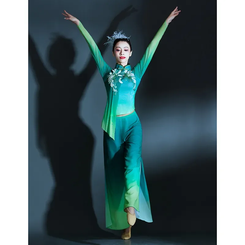 Chinese Tradition Hanfu Classical Dance Costume Female Yangko Clothing Chiffon Gradient Applique National Stage Performance Suit