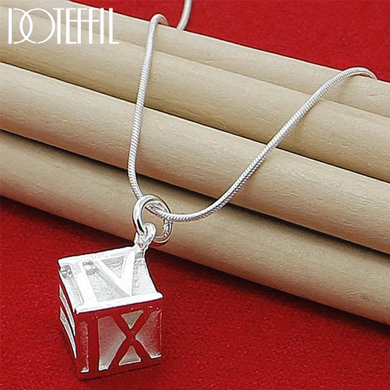 DOTEFFIL 925 Sterling Silver 18-Inch Snake Chain Square Roman Numerals Pendant Necklace For Women Wedding Fashion Jewelry