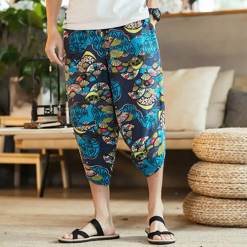 

Men's Ethnic Sle Casual Beach Pants Harlan Printed Loose Fit Cotton Summer Youth Active Wear Comfortable Breathable