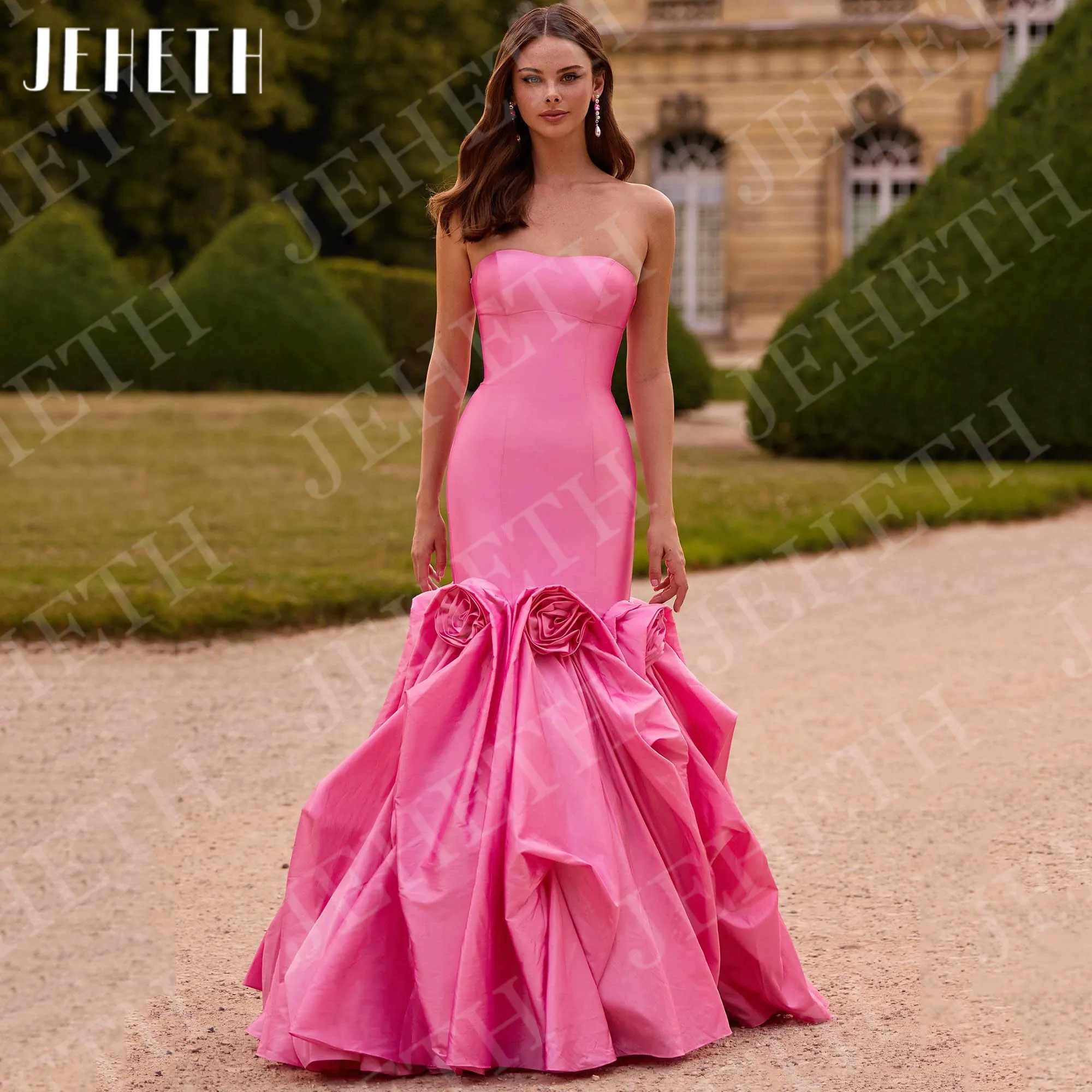 JEHETH robes de soirée Satin robes de bal fête formelle personnalisé sirène bretelles 3D fleurs à volants robe de célébrité femme Robes de soirée Satin Robes de bal Fête formelle personnalisée Sirène sans bretelles 3D