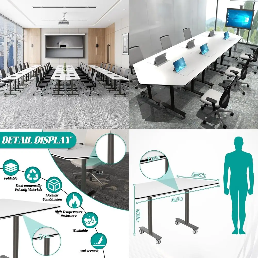 

Eco-Friendly Round Conference Table with 360° Swivel Casters, Durable Eco-Desktop, Sturdy Alloy Legs, Mobile for Office/Classroo