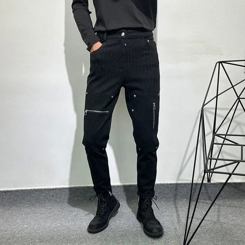 Fashionable Fashionable Fashionable Design Zipper Stitching Tapered Pants Trendy Non-Ironing Tight Small Size Ankle Banded Pants