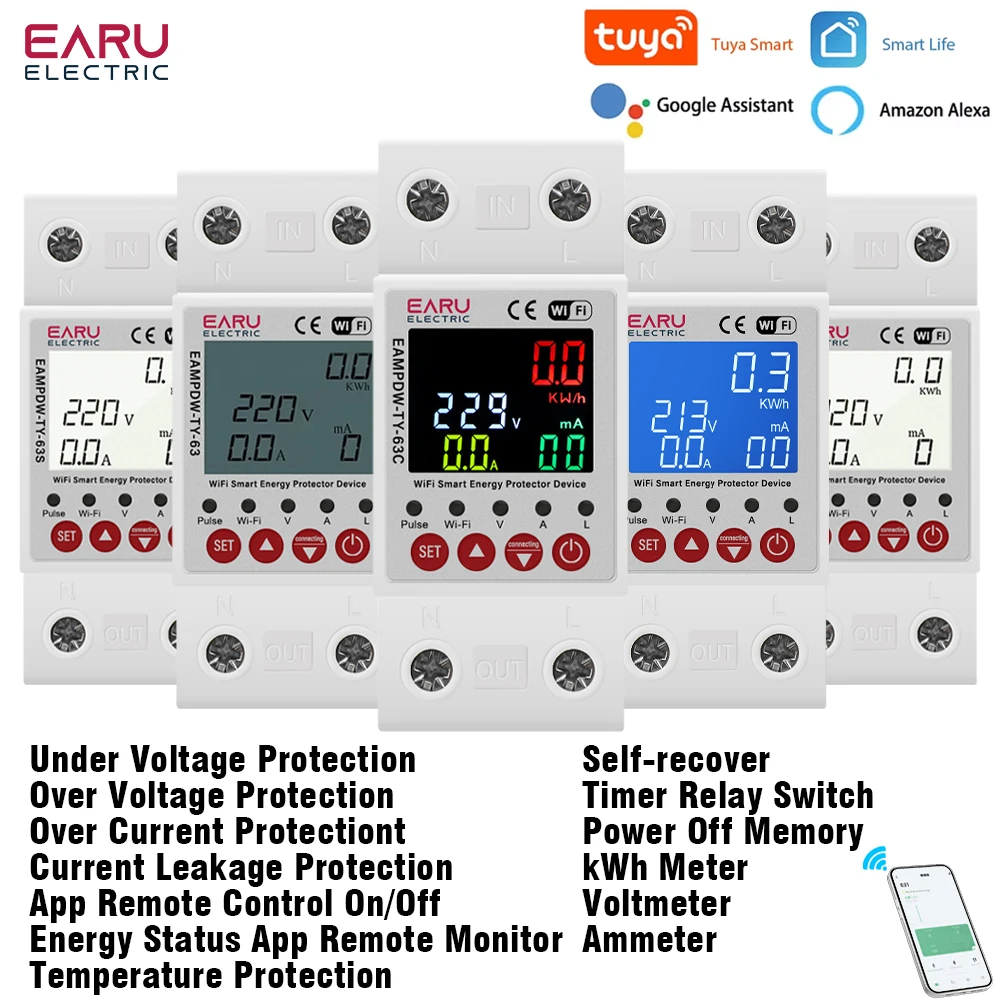 Tuya WiFi Smart Circuit Breaker 2P AC 63A 230V Energy Meter Power kWh Leakage Over Under Voltage Protector Relay Device Switch