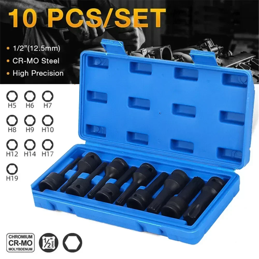 1/2” Pneumatic Wrench Cr-V Steel Hex Socket Hexagonal Drive Bits Kit Metric Power Nuts Driver Drill Bit Tools Set