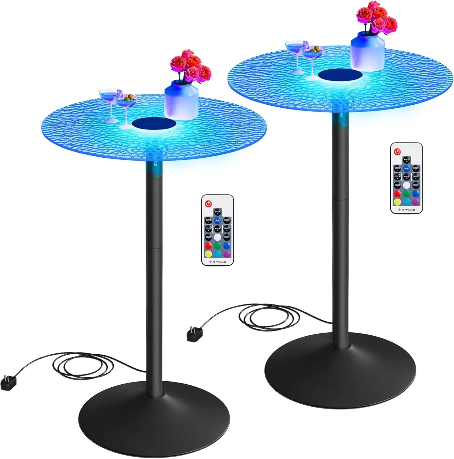 Vasagle Bar Tables, Set Of 2 Round Cocktail Tables With Multi-Colored Lights And Glass Tops, Large Steel Base, 41.3 Inches Tall