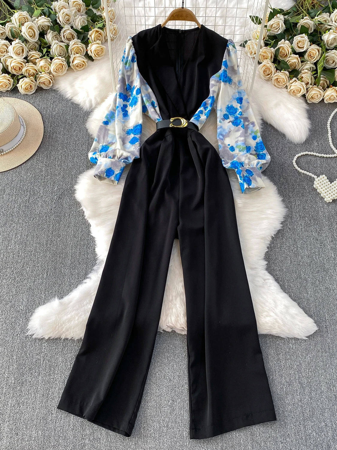

Ele Floral Print Split V-Ne Long Sve Women's One-Piece Autumn Belted Waist Slimming Straight Leg Wide Leg Pants