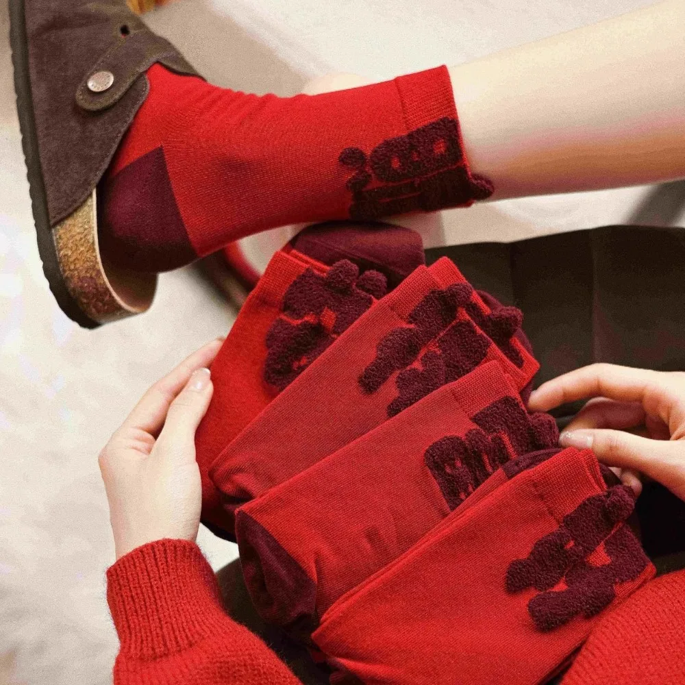 

Cute Chinese Comfort Wealth Red Socks Red Color Long Mid Tube Socks Mesh Thin Design Chinese Prosperity Cotton Socks Spring