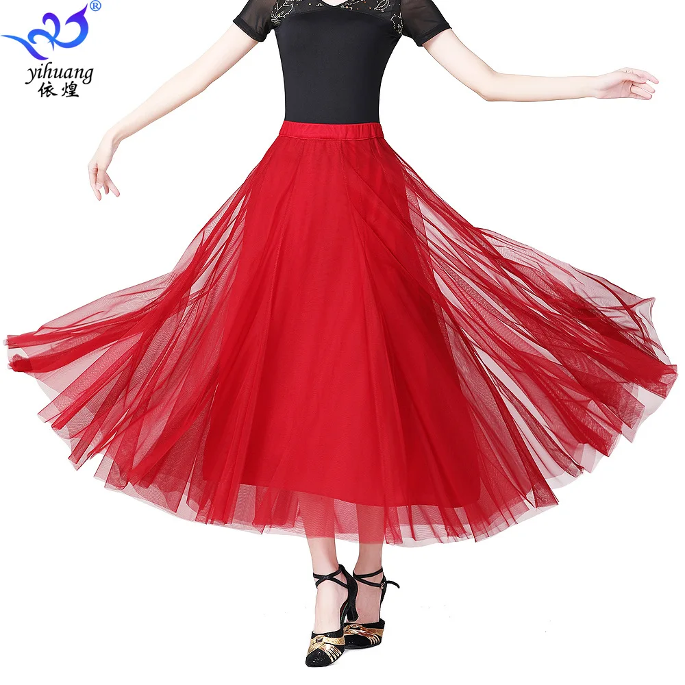 1pcs/lot woman mesh dancing skirt female square ballroom waltz dancing long skirt