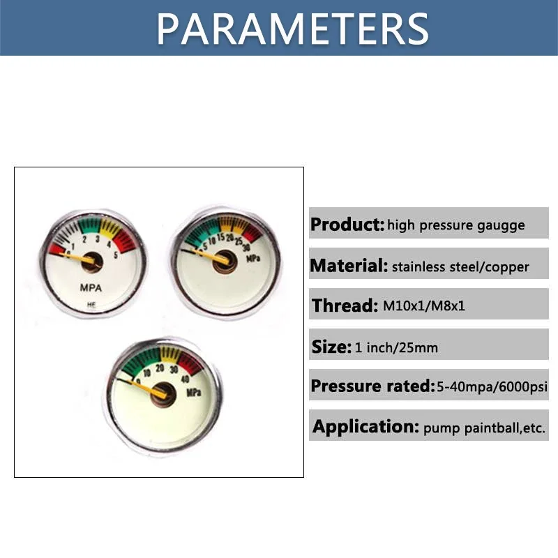 미니 압력 게이지 펌프 다이빙 밸브, 25mm M8x1 스레드, 1 인치 스쿠버 압력계, M10x1, 5Mpa, 10Mpa, 20Mpa, 30Mpa, 35Mpa, 40Mpa, 3PCs/세트